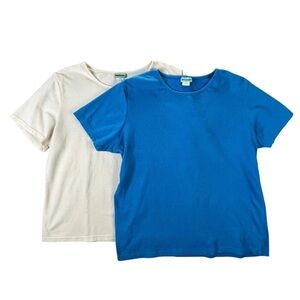 Sara Morgan Everyday Short Sleeve Crewneck Tees in Blue and Cream Cotton Blend